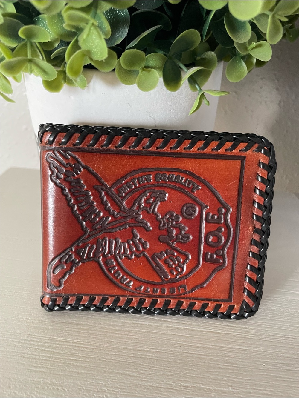 Vintage Hand Tooled Leather Bi Fold Wallet Eagle Motif Justice Equality Liberty
